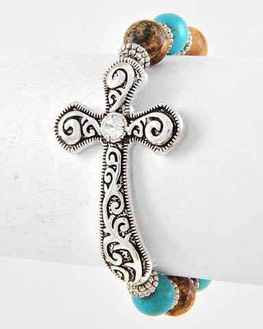 Cross Silver and Turquoise Stretch Bracelet