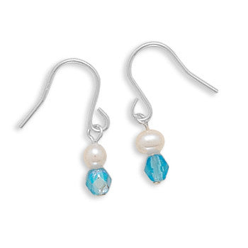 Cultured Freshwater Pearl and Blue Czech Glass Earrings on French Wire