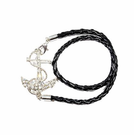 Anchor Bracelet in Leather with Rhinestones - Black